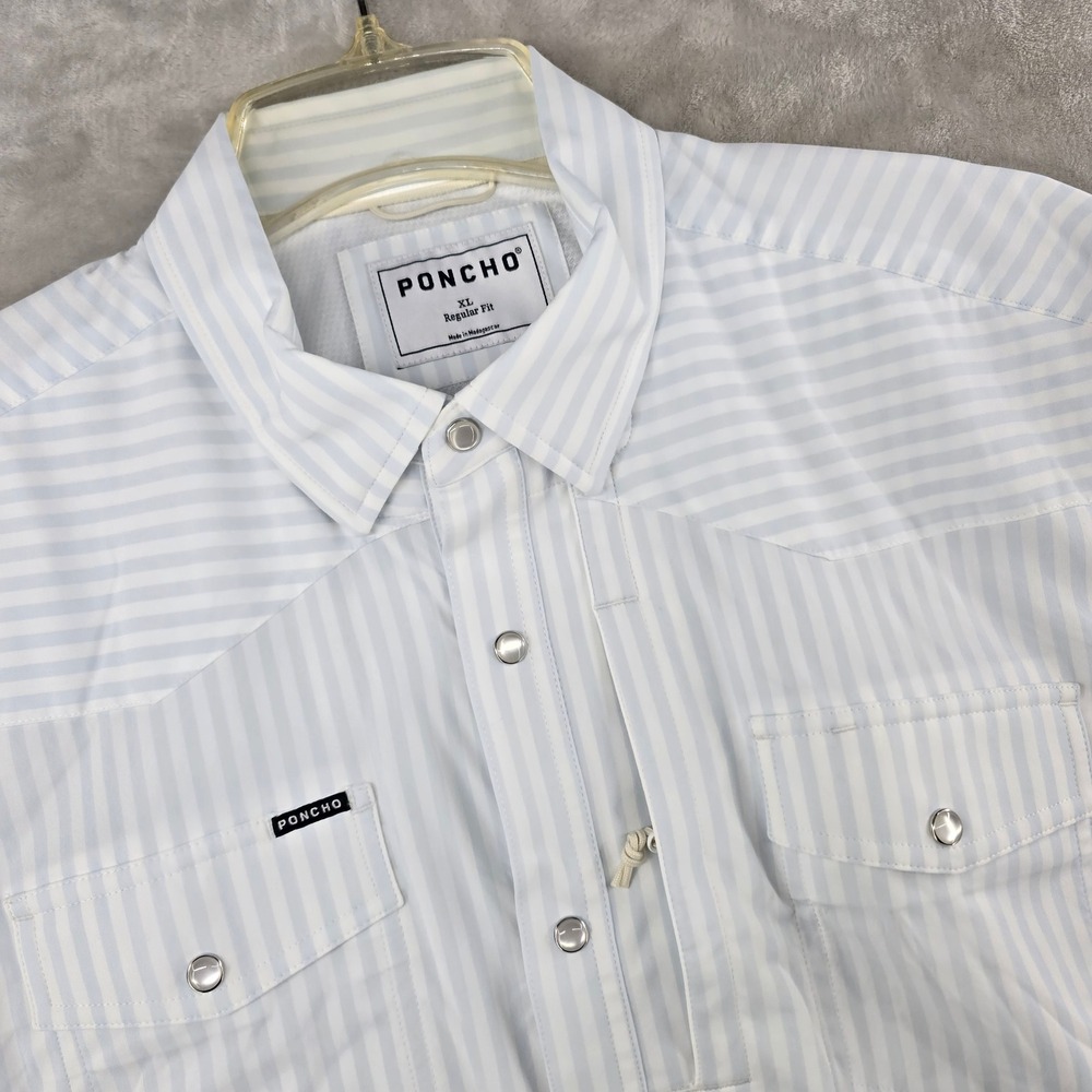 NEW Poncho Outdoors GET IN LINE Shirt Mens XL Blue White Striped Pearl Snap